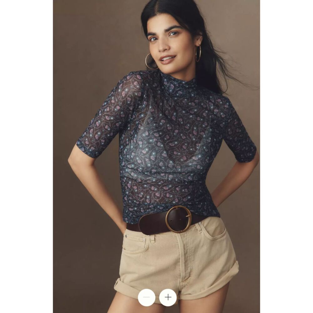 Anthropologie Olive Green Paisley Sheer Mesh Mock Neck Top S